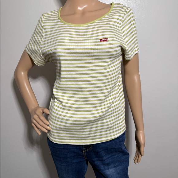 Levi's Striped Ribbed Knit Short Sleeve XL Women’s Tee Shirt Green Y2K‎ Skater - Picture 1 of 7